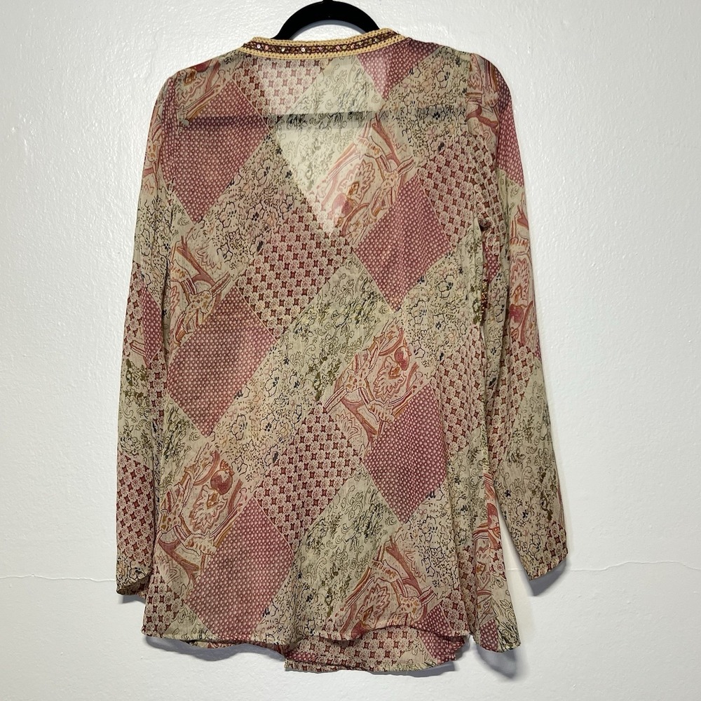 J. Jill Pink Patchwork Pattern Jewel Sheer V-Neck Long Sleeve Blouse Sz M Fairy - Picture 8 of 13